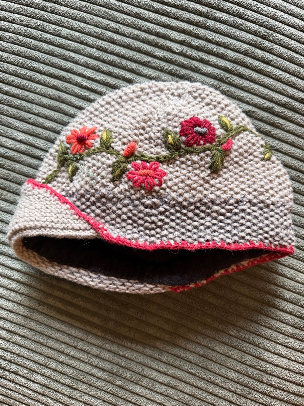 Embroidered Beige Knit Women's winter Hat Floral Detail Sundance Catalog